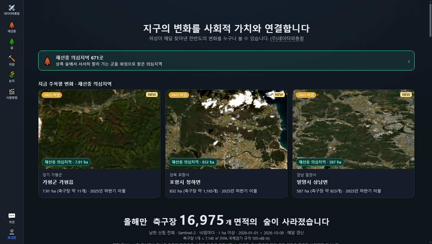 변화탐지 홈 대시보드 — 지금 눈여겨볼 변화와 지점별 Sentinel-2 영상