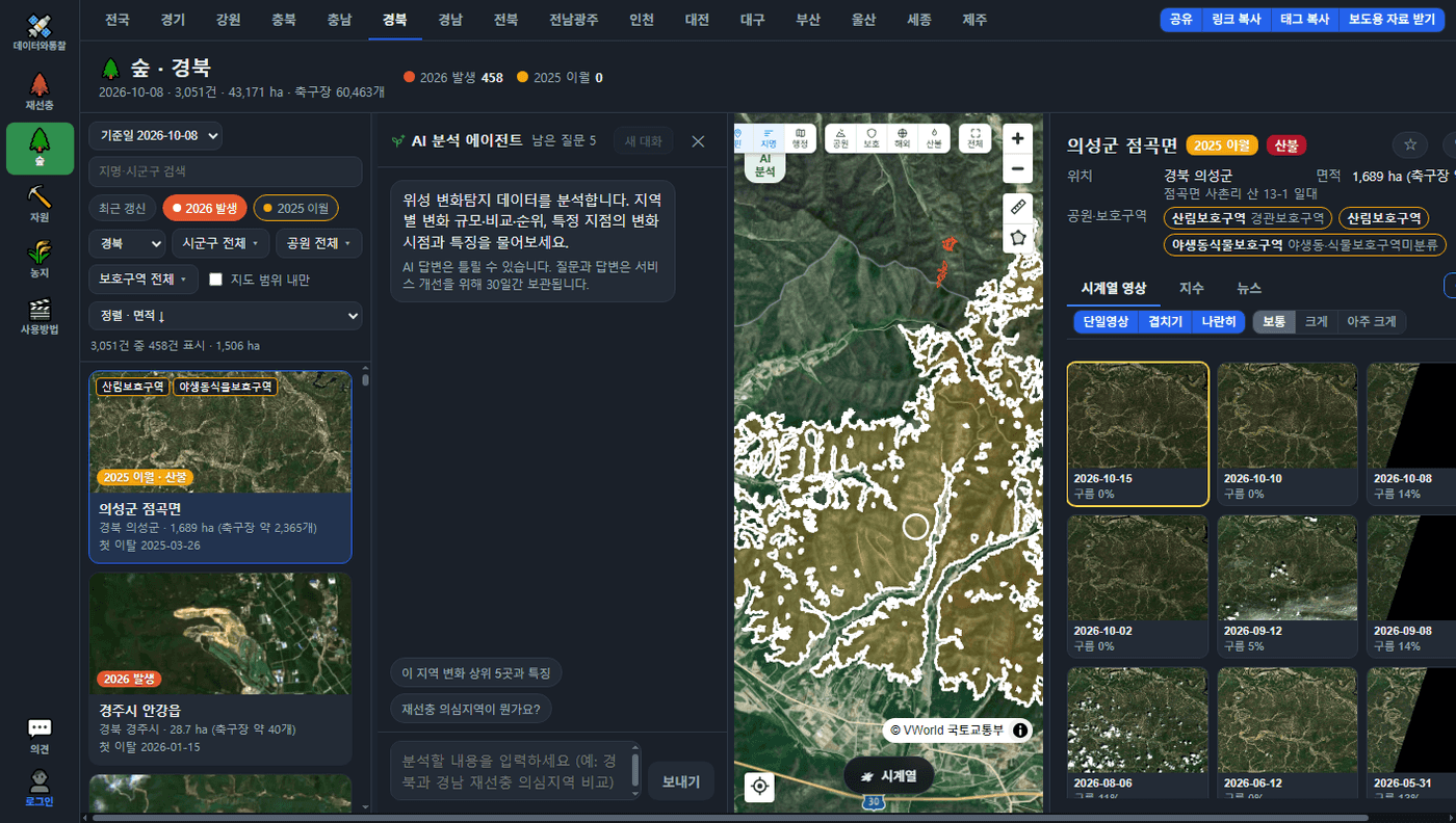 변화탐지 — Sentinel-2 영상 시계열과 산불 레이블이 있는 경북 지점 상세 화면