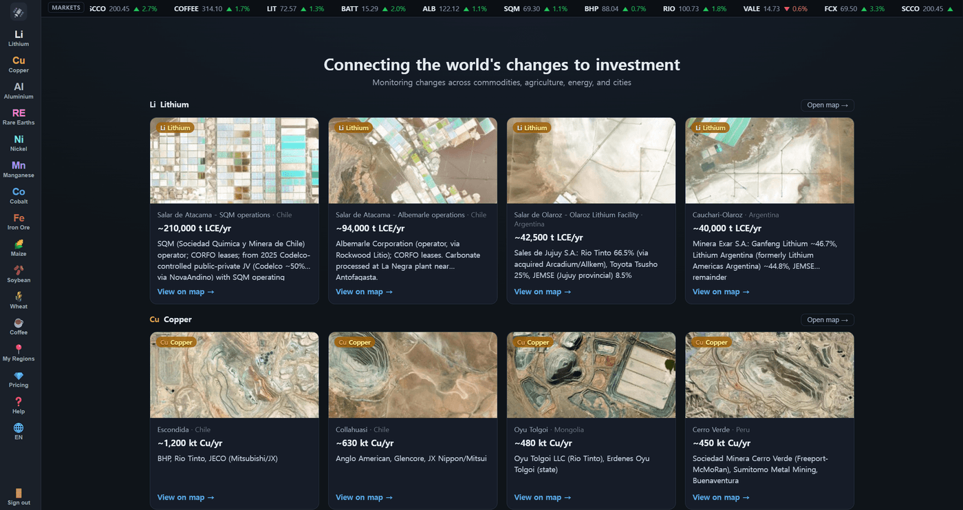 datawaearth dashboard — satellite-monitored lithium and copper assets with live market tickers