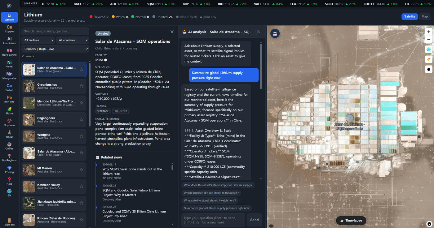 datawaearth — lithium asset detail with AI analysis panel and satellite time-lapse
